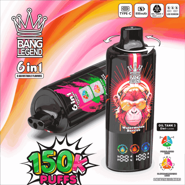 En svart smaksatt vape-enhet märkt 'Bang Legend' med en färgstark grafik av en apa som bär solglasögon, som visar upp justerbara smaker med ikoner, vilket indikerar att den kan ge 150 000 bloss, och utrustad med en Type-C-laddningsport och LED-display.