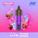 Una imagen publicitaria vibrante para el vaporizador Panda de JNR que presenta un dispositivo morado con la etiqueta 'PANDA' junto a cerezas frescas, cubitos de hielo y salpicaduras de líquido rosa, sobre un fondo degradado.