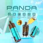 Un anuncio colorido para el dispositivo de vapeo JNR Panda que muestra sus características, que incluyen aproximadamente 25,000 inhalaciones, una pantalla de batería, una luz de respiración colorida, una bobina de malla doble, una capacidad de batería de 850 mAh y un puerto de carga tipo C, con una imagen clara del producto y su módulo asociado con la etiqueta 'Cherry Ice'.