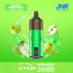 Un dispositivo de vapeo de color verde vibrante con la etiqueta 'PANDA' con un gráfico de panda y un indicador de 'Alto', rodeado de salpicaduras de jugo verde y manzanas verdes, sobre un fondo verde brillante.