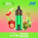 Un dispositivo de vapeo verde y marrón con la etiqueta 'PANDA' con fresas y kiwis salpicando a su alrededor sobre un fondo degradado colorido, promocionando un sabor 'New Strawberry Kiwi', con el texto '255 Puffs' visible en la parte inferior.
