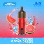 Un dispositivo de vapeo vibrante con la etiqueta 'JNR PANDA' con un gráfico de panda, rodeado de rodajas de sandía y cubitos de hielo, sobre un fondo azul y rosa degradado.