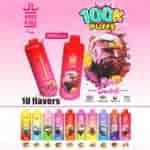 A colorful advertisement for Bang King vape with two prominent vape devices, showcasing their '100K Puffs' capacity and highlighting a colorful eagle illustration and the option to switch flavors, accompanied by visual representations of different flavors in various colored vape bottles below.