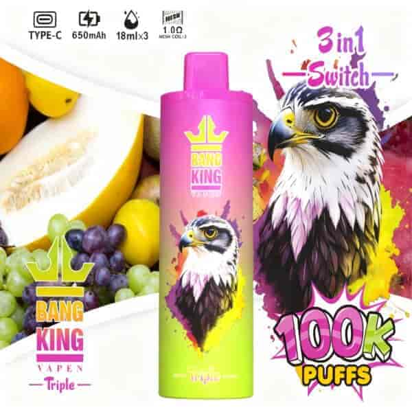 A colorful vape device labeled 'Bang King Vapen Triple' featuring an illustration of a hawk's head alongside a variety of fruits, with text indicating '3 in 1 Switch' and '100K Puffs'.