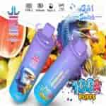A colorful vape product titled 'Bang King Vapen' with a striking design featuring an eagle, showcasing its triple flavor options: Raspberry Watermelon, Mango Peach, and Strawberry Kiwi, and highlighting its features such as Type-C charging and 100,000 puffs.