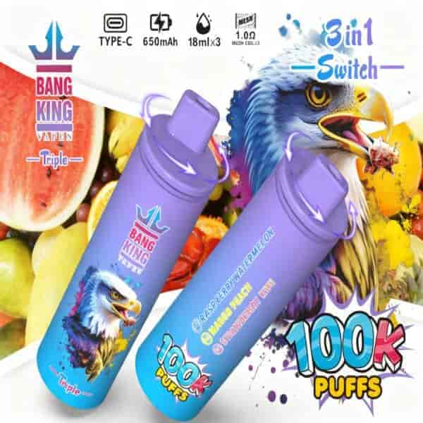 A colorful vape product titled 'Bang King Vapen' with a striking design featuring an eagle, showcasing its triple flavor options: Raspberry Watermelon, Mango Peach, and Strawberry Kiwi, and highlighting its features such as Type-C charging and 100,000 puffs.