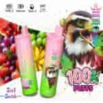 A colorful advertisement for Bang King vape featuring two vape devices with labels indicating flavors like strawberry and watermelon, surrounded by a vibrant background of assorted fruits and a stylized illustration of a bird's face, emphasizing '100K PUFFS' and the product's features like Type-C charging and 650mAh battery.