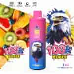 A colorful vape device with a pink and blue design featuring a detailed eagle illustration, surrounded by an assortment of vibrant fruit, displaying text about capacity (100k puffs) and specifications such as Type-C charging and coil information.