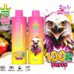A vibrant vape product called Bang King featuring two colorful bottles with different flavors listed, an eagle graphic prominently displayed, and text highlighting features like '3 in 1 Switch' and '100k Puffs' against a backdrop of assorted fruits.