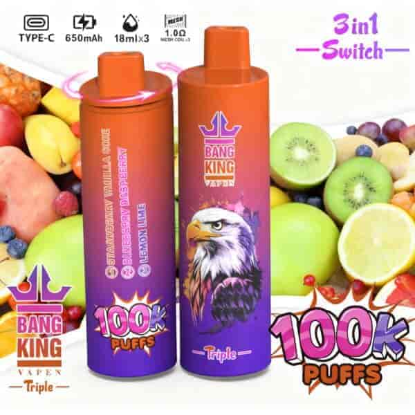 Two colorful vape devices labeled 'Bang King Vapen' with flavors including Strawberry Vanilla Coke, Blueberry Raspberry, and Lemon Lime, set against a vibrant background of assorted fruits like kiwi and berries, highlighting their features and capacity for 100,000 puffs.