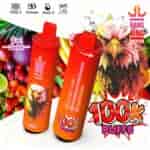 A promotional image featuring two vibrant red vape devices labeled 'Bang King Vape' with an eagle graphic and text indicating flavors like 'Tropical Fruit', 'Strawberry Watermelon', and 'Lemon Peach', set against a colorful fruit background and a bold '100K Puffs' graphic.