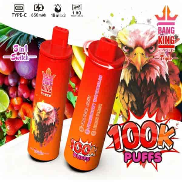 A promotional image featuring two vibrant red vape devices labeled 'Bang King Vape' with an eagle graphic and text indicating flavors like 'Tropical Fruit', 'Strawberry Watermelon', and 'Lemon Peach', set against a colorful fruit background and a bold '100K Puffs' graphic.