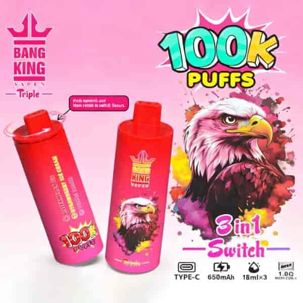 A vibrant pink advertisement featuring the Bang King Vape product, showcasing two cylindrical devices with a striking eagle illustration, highlighting features like '100K Puffs' and '3 in 1 Switch' with colorful text and icons for user instructions and specifications.