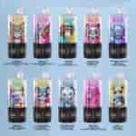 A colorful display of ten different Bang vape flavors, each depicted in cylindrical containers adorned with vibrant designs, featuring options like Lemon Lime Watermelon Ice, Vanilla Cola, Grape Burst, Watermelon Ice, and more, each with playful graphics that represent the flavor profile.