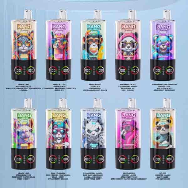 A colorful display of ten different Bang vape flavors, each depicted in cylindrical containers adorned with vibrant designs, featuring options like Lemon Lime Watermelon Ice, Vanilla Cola, Grape Burst, Watermelon Ice, and more, each with playful graphics that represent the flavor profile.
