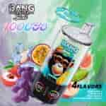 A colorful promotional image of a Bang Leader Stoll vape device, featuring a sleek cylindrical design with flavor indicators and surrounded by fruit images like grapes, lychee, and passionfruit, along with ice cubes, highlighting its capability of delivering 10,000 puffs with four flavors: Grape Burst, Lychee Ice, Peach Berry, and Kiwi Passion Fruit Guava.