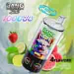 A colorful vape device labeled 'Bang Leader Stoll' offers 100,000 puffs with a llama graphic, surrounded by strawberries, limes, and watermelons, highlighting its four flavors: lemon lime, strawberry ice, raspberry watermelon, and fizzy cherry.