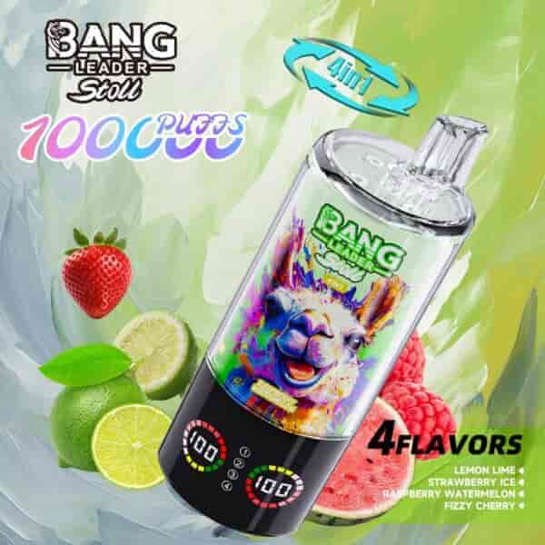 A colorful vape device labeled 'Bang Leader Stoll' offers 100,000 puffs with a llama graphic, surrounded by strawberries, limes, and watermelons, highlighting its four flavors: lemon lime, strawberry ice, raspberry watermelon, and fizzy cherry.