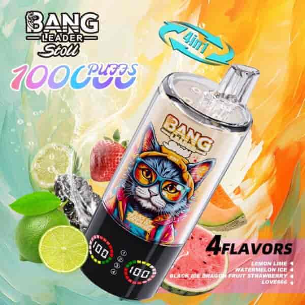 A colorful vape device labeled 'BANG LEADER' with a transparent body showing fruit graphics, surrounded by splashes of water, featuring the text '10000 PUFFS' and '4 FLAVORS' including lemon lime and watermelon ice, alongside images of various fruits like strawberries and lemons in the background.