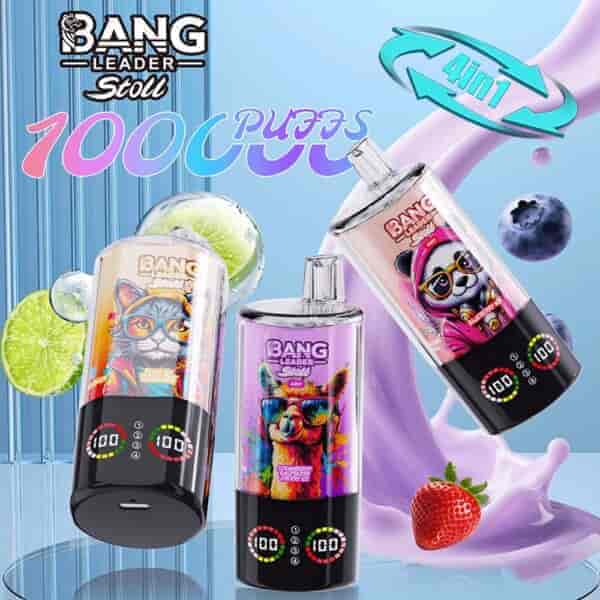 Three colorful vape devices labeled "Bang Leader Stoll" and "Bang Soul" featuring illustrations of a llama and a panda, with text indicating "10000 PUFFS" and "4 in 1", surrounded by fruit graphics and splashes of liquid on a reflective surface.