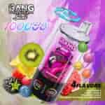 A colorful vape pen called Bang Leader with a flamingo design and sunglasses, prominently displaying '100,000 PUFFS' and various fruit flavors like mixed berry, cherry lemon, and strawberry kiwi, against a backdrop of assorted fruits including kiwi, lemon, and strawberries.
