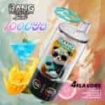 A colorful promotional image of the Bang Leader Stoll vape, featuring a panda cartoon character wearing sunglasses, with text indicating it provides 100,000 puffs and offers 4 flavors: Mojito, Monster Mango, Lady Killer, and Pink Lemonade, alongside fruit elements and a cocktail glass in the background.