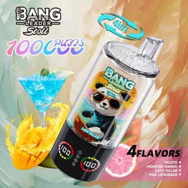 A colorful promotional image of the Bang Leader Stoll vape, featuring a panda cartoon character wearing sunglasses, with text indicating it provides 100,000 puffs and offers 4 flavors: Mojito, Monster Mango, Lady Killer, and Pink Lemonade, alongside fruit elements and a cocktail glass in the background.