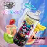 A vibrant advertisement for the Bang Leader Stoll vape featuring a cartoon rabbit wearing sunglasses and gold chains, surrounded by fruits like a slice of watermelon, strawberries, and bananas, with text indicating '100 puffs' and '4 flavors' including pink lemonade and peach berry, against a colorful abstract background.