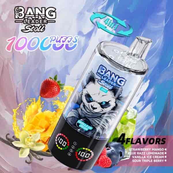 A colorful vape device featuring a cartoon panda design, labeled 'BANG LEADER Stoll' with '1000 PUFFS' and four flavor options: Strawberry Mango, Blue Razz Lemonade, Vanilla Ice Cream, and Sour Triple Berry, surrounded by vibrant fruit illustrations against a pastel blue and pink background.
