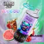 A colorful vape device labeled 'Bang Leader Stoll' prominently featuring a cartoon bear wearing sunglasses, surrounded by slices of watermelon, strawberries, and a splash of liquid, with text displaying '100000 PUFFS' and '4 FLAVORS' including 'Strawberry Watermelon' and 'Cherry Cola.'