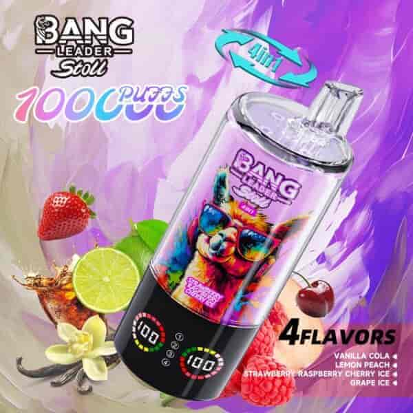 A colorful e-cigarette device labeled 'BANG Leader Stoll' designed for 100,000 puffs, featuring an illustration of a llama wearing sunglasses, surrounded by various fruits like strawberries, lime, and cherries, with the text indicating four flavors: Vanilla Cola, Lemon Peach, Strawberry Raspberry Cherry Ice, and Grape Ice.