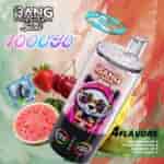A colorful display featuring a multi-flavor vape device labeled 'BANG Leader Stolt' with a prominent pink and black design, surrounded by fruit images including watermelon, strawberries, cherries, and blueberries, emphasizing its four available flavors: Watermelon Ice, Strawberry Mango, Blueberry Ice, and Fizzy Cherry.