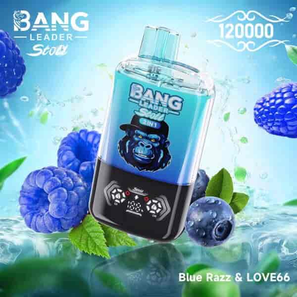 Un colorido dispositivo de vapeo con la etiqueta 'BANG Leader Stolt 2 en 1' que presenta un diseño azul y negro con un gráfico de gorila y una pantalla digital, rodeado de frambuesas azules y hojas de menta.