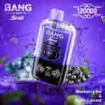 Un colorido dispositivo de vapeo con la etiqueta 'BANG LEADER Stoll 2IN1' que presenta un atrevido gráfico de gorila y muestra los sabores 'Blueberry ice & Black Currant', rodeado de arándanos y grosellas negras con un fondo púrpura vibrante y salpicaduras de agua.
