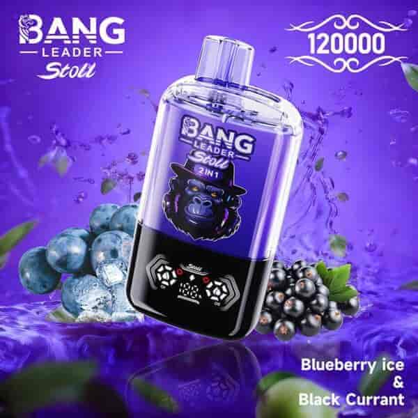 Un colorido dispositivo de vapeo con la etiqueta 'BANG LEADER Stoll 2IN1' que presenta un atrevido gráfico de gorila y muestra los sabores 'Blueberry ice & Black Currant', rodeado de arándanos y grosellas negras con un fondo púrpura vibrante y salpicaduras de agua.