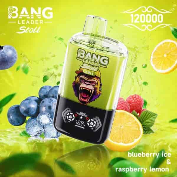 Un colorido anuncio del dispositivo Bang Leader Stoll 2 en 1, que presenta un vaporizador verde y negro con un gráfico de gorila en el frente, rodeado de arándanos, frambuesas, rodajas de limón y hojas de menta, sobre un fondo amarillo vibrante. El texto XX850__ indica el sabor como hielo de arándano y limón de frambuesa, junto con un número '120000'.