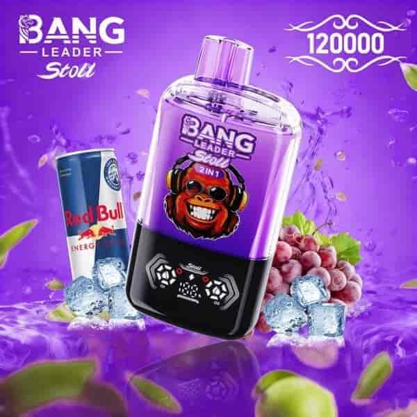 Un anuncio vibrante para el dispositivo 2 en 1 Bang Leader Stolt, que presenta un contenedor morado adornado con el logotipo de un gorila sonriente con auriculares, junto con una lata de Red Bull, cubitos de hielo y fruta flotante sobre un fondo morado, destacando un tema animado y refrescante.