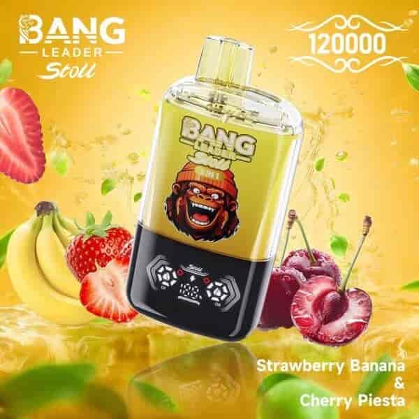 Una vibrante imagen de producto que presenta un colorido dispositivo de vapeo con la etiqueta 'Bang Leader Stout 2 in 1' con el logotipo de un mono de dibujos animados, rodeado de fresas, plátanos, cerezas y un fondo amarillo brillante con salpicaduras de líquido.