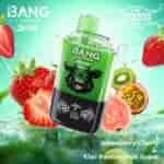Un dispositivo de vapeo de color verde vibrante con la etiqueta "BANG LEADER Stolt 2 en 1" que presenta una divertida cara de gorila de dibujos animados, rodeada de fresas frescas, kiwi y maracuyá con salpicaduras de agua, resaltando los sabores fresa, cereza y kiwi, maracuyá y guayaba.