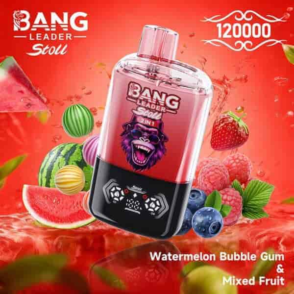 Un dispositivo de vapeo vibrante llamado Bang Leader Stoll, representado sobre un fondo de frutas variadas, incluidas rodajas de sandía, fresas y caramelos de colores arremolinados, con detalles que muestran su marca y opciones de sabor de chicle de sandía y frutas mixtas.