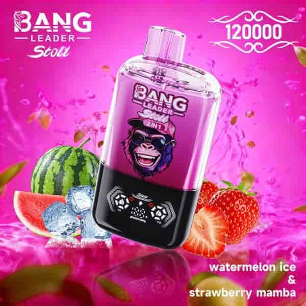 Un colorido dispositivo de vapeo de Bang Leader en un ambiente rosa vibrante, que presenta sandía, fresas y cubitos de hielo junto con el texto que indica los sabores 'hielo de sandía y mamba de fresa' y una cuenta de '120000'.