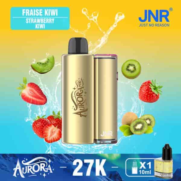 Un dispositivo di vaporizzazione dorato etichettato 'Aurora' circondato da fragole fresche e kiwi su uno sfondo blu e giallo brillante, con un testo che indica il sapore 'Fragola Kiwi' e una bottiglia di succo con un tappo giallo sotto.
