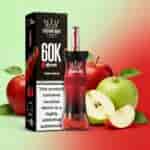 Dispositivo de vapeo Crown Bar 60K E Hoser X con sabor a manzana, botella roja y negra, empaque en caja, rodeado de manzanas rojas y verdes sobre un fondo degradado.