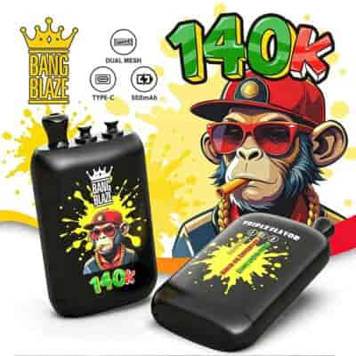 Collage-style graphic featuring a black Bang Blaze 140K vape device with a yellow splash background, a cartoon monkey wearing a red cap and sunglasses, and bold 140K text with graffiti style.