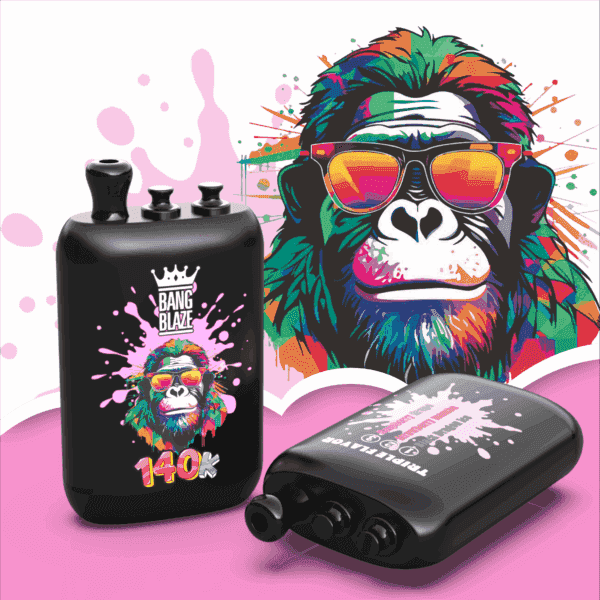 Czarny mod vape i czarna kapsuła z kolorowym szympansem w stylu graffiti, w okularach przeciwsłonecznych i koronie, z różową grafiką powitalną i tekstem 140K na modzie.