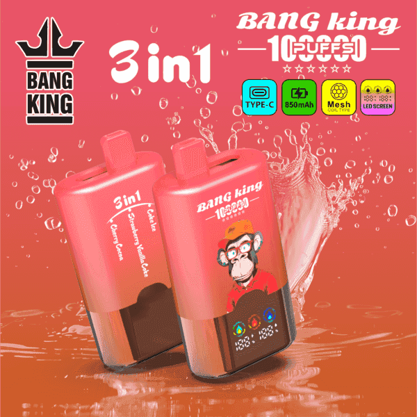 Kapsuły do waporyzacji Bang King 3 w 1 z różowymi pojemnikami, maskotką rysunkowej małpy, tłem w postaci bąbelków i ikonami typu C, 850 mAh, cewką siatkową i ekranem LED.