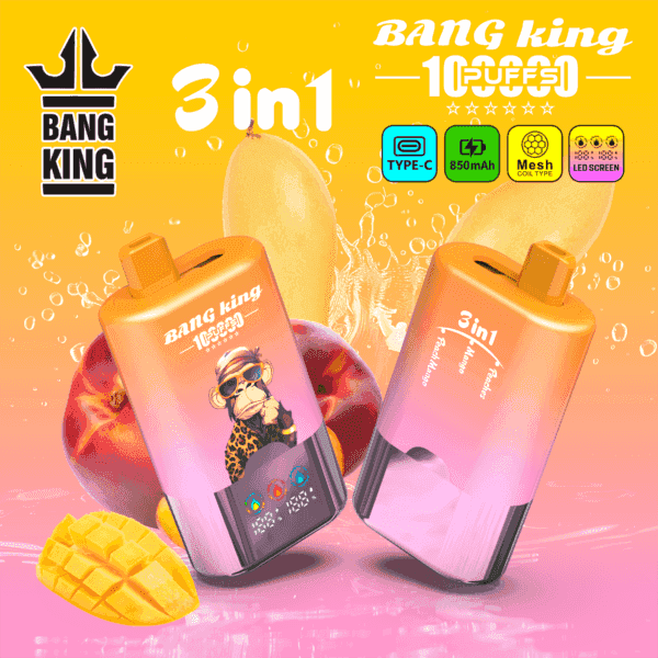 Dwukolorowe butelki do vape od różowego do pomarańczowego z maskotką małpy, ustawione pod kątem na tle mango i brzoskwini, logo Bang King i tekst 3 w 1.