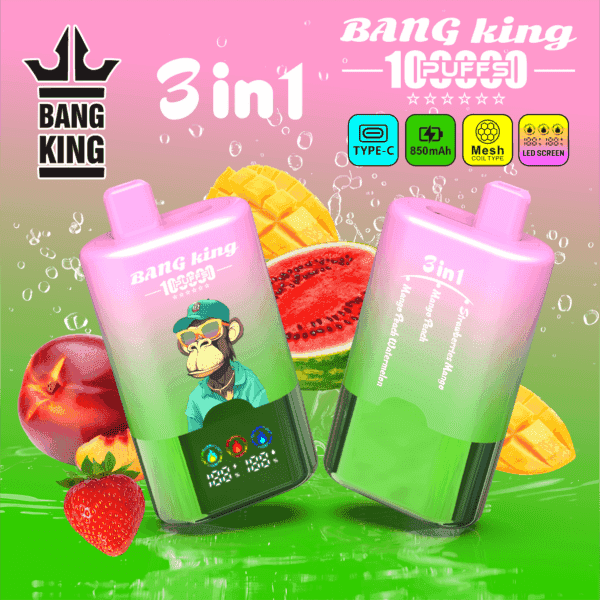 Trzy kolorowe butelki Bang King 3 w 1 z owocowymi etykietami w kolorze różowym do zielonym, dookoła owoce tropikalne i różowym tłem z tekstem produktu i ikonami.