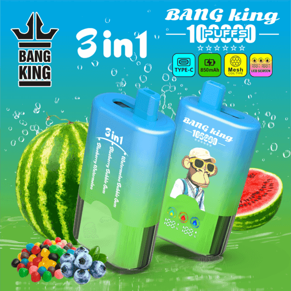 Dwa niebieskie akumulatory Bang King 3 w 1 10000 mAh pokazane pod kątem z arbuzem i jagodami na jasnym, wodnozielonym tle, logo i ikony powyżej.