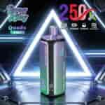 Quads 4 in 1 vape device with a purple-green gradient body, buttonless display panel, and a tall mouthpiece; futuristic neon triangle backdrop.